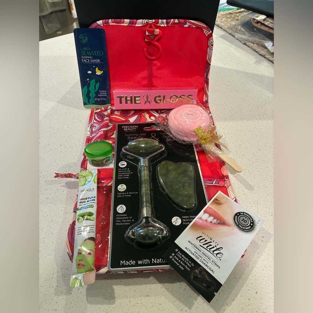 Beauty Roller and Gua Sha Set with Red Patterned Case and More